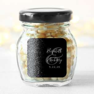 Moderne schwarze Silber-Glitter-Kanten-Hochzeit Quadratischer Aufkleber