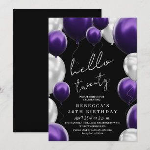 Moderne schwarze silberne lila Luftballons zum 20. Einladung