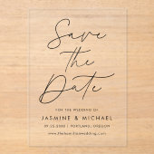 Moderne schwarze SkriptWedding Save the Date Acryleinladungen (Vorderseite)
