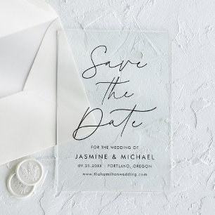 Moderne schwarze SkriptWedding Save the Date Acryleinladungen