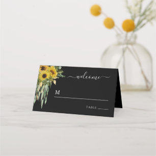 Moderne Schwarze Sonnenblumenhochzeit Platzkarte