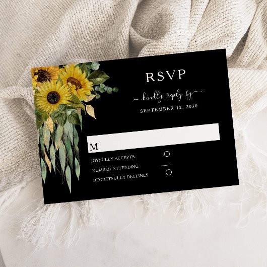 Moderne Schwarze Sonnenblumenhochzeit RSVP Karte