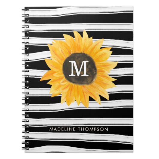 Moderne schwarze Streifen Sonnenblumen Monogram Sp Notizblock (Vorderseite)
