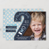 Moderne schwarze Tafel & blauer Punkt - 2. Geburts Einladung (Vorne/Hinten)