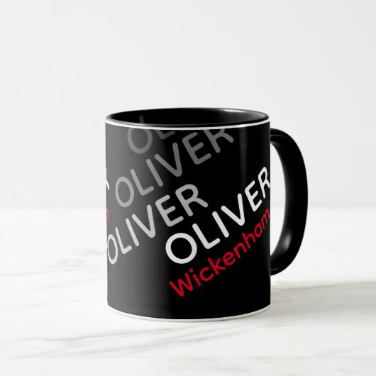 Moderne schwarze Tasse mit Namen (VorderseiteRechts)