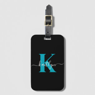 Moderne schwarze Teal-Schrift-Monogramm Gepäckanhänger