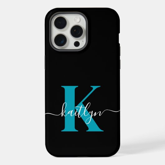 Moderne schwarze Teal-Schrift-Monogramm iPhone Hülle (Rückseite)