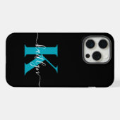 Moderne schwarze Teal-Schrift-Monogramm iPhone Hülle (Rückseite (Horizontal))