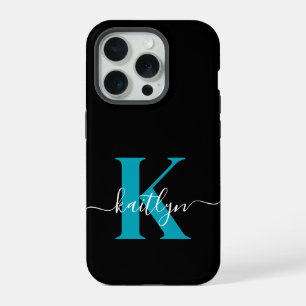 Moderne schwarze Teal-Schrift-Monogramm iPhone 15 Pro Hülle