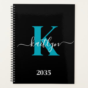 Moderne schwarze Teal-Schrift-Monogramm Planer