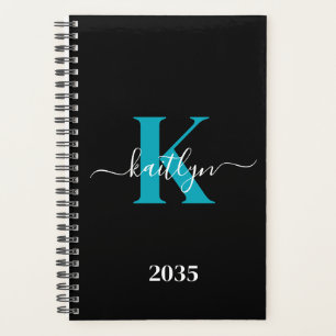 Moderne schwarze Teal-Schrift-Monogramm Planer