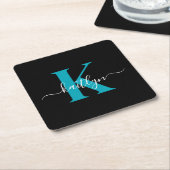 Moderne schwarze Teal-Schrift-Monogramm Rechteckiger Pappuntersetzer (angewinkelt)