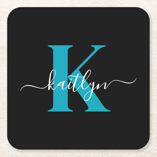 Moderne schwarze Teal-Schrift-Monogramm Rechteckiger Pappuntersetzer (Vorderseite)