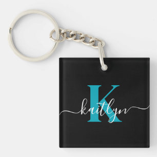 Moderne schwarze Teal-Schrift-Monogramm Schlüsselanhänger