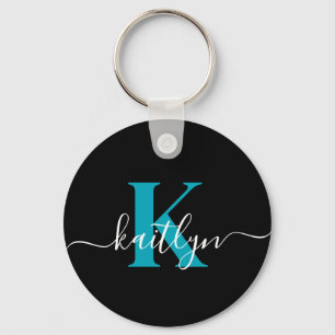 Moderne schwarze Teal-Schrift-Monogramm Schlüsselanhänger