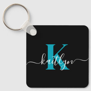 Moderne schwarze Teal-Schrift-Monogramm Schlüsselanhänger