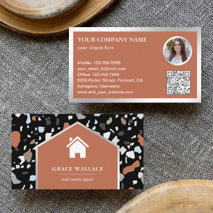 Moderne schwarze Terrazzo-Immobilien-Foto-QR-Code Visitenkarte