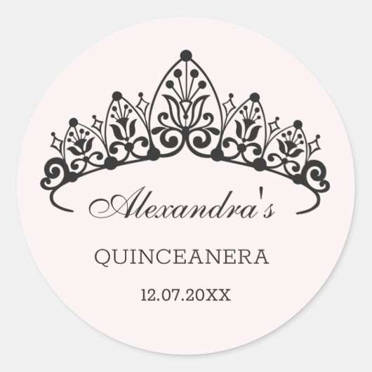 Moderne schwarze Tiara Quinceanera Runder Aufkleber (Vorderseite)