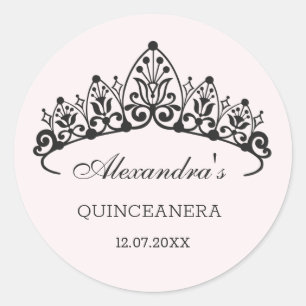 Moderne schwarze Tiara Quinceanera Runder Aufkleber