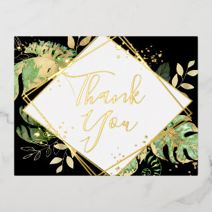 Moderne schwarze tropische Foliage Hochzeit Vielen Folie Einladungspostkarte