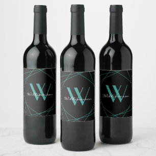 Moderne schwarze Türkis-Monogramm-Name-Script-Geom Weinetikett