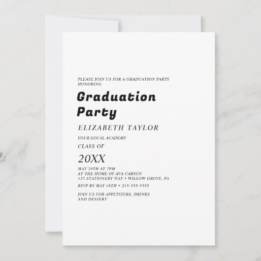 Moderne Schwarze Typografie Grad Party Einladung (Vorderseite)