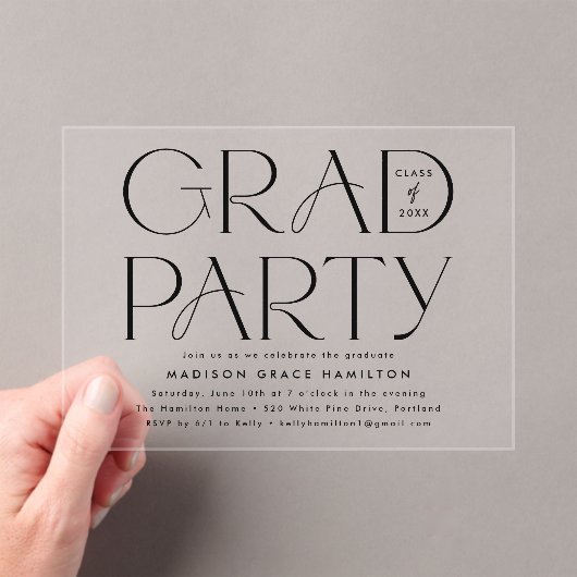 Moderne schwarze Typografie-Graduierungspartei Acryleinladungen (Insitu (Handheld))