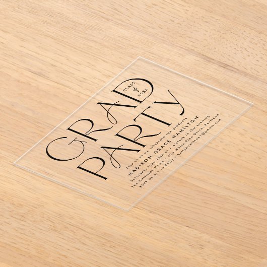 Moderne schwarze Typografie-Graduierungspartei Acryleinladungen (Ablage )