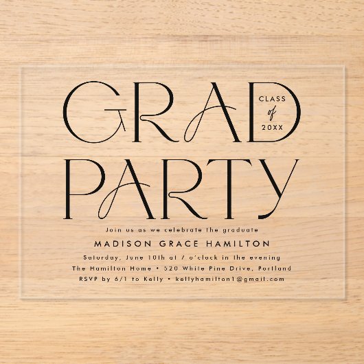 Moderne schwarze Typografie-Graduierungspartei Acryleinladungen (Vorderseite)