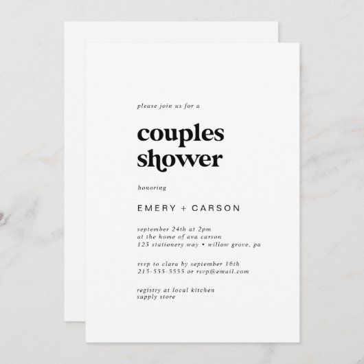 Moderne schwarze Typografie Paare Dusche Einladung (Vorne/Hinten)