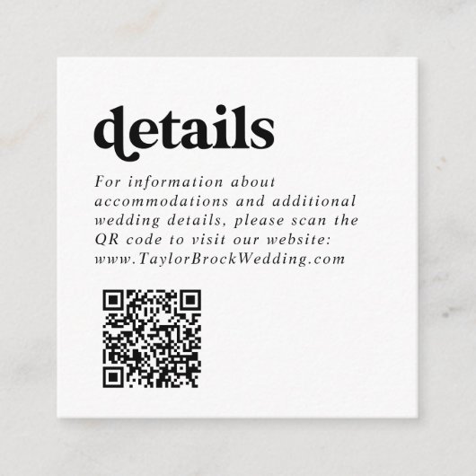 Moderne schwarze Typografie QR Code Hochzeitsdetai Begleitkarte (Vorderseite)