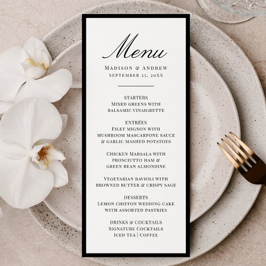 Moderne schwarze Umrandung Hochzeit Menükarte