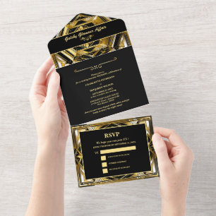 Moderne schwarze und goldene Gatsby Art Deco 1920e All In One Einladung
