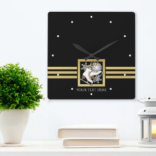 Moderne schwarze und goldene Glitter-Eiskunstlauf Quadratische Wanduhr