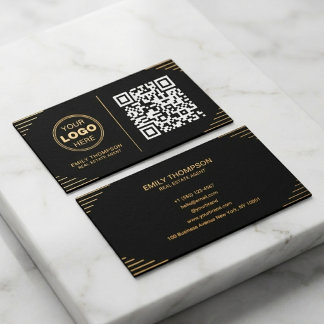 Moderne schwarze und goldene QR-Code | Luxuriöse A Visitenkarte