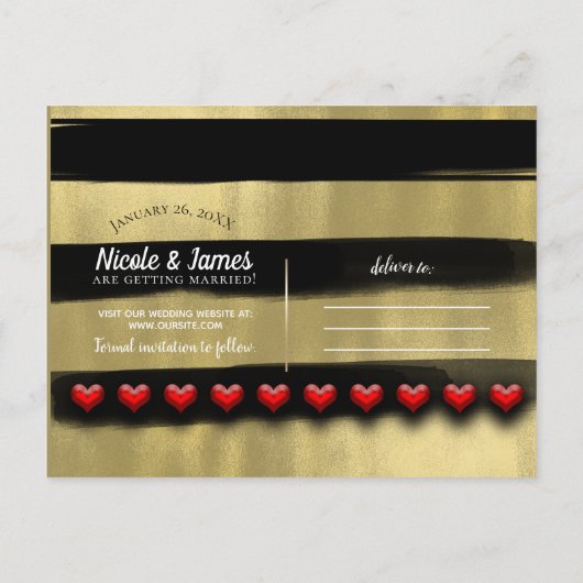 Moderne schwarze und goldene rote Herzen Save the Ankündigungspostkarte (Rückseite)