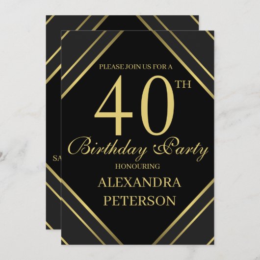 Moderne schwarze und goldene Streifen zum Geburtst Einladung (Vorne/Hinten)