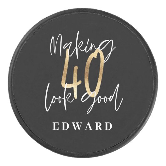 Moderne schwarze und goldene Typografie 40. Eishockey Puck (Vorderseite)