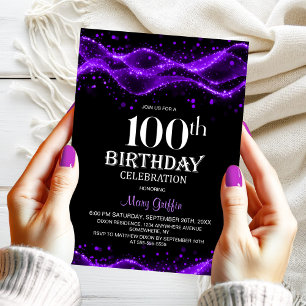 Moderne Schwarze und Lila 100. Geburtstagsparty Einladung