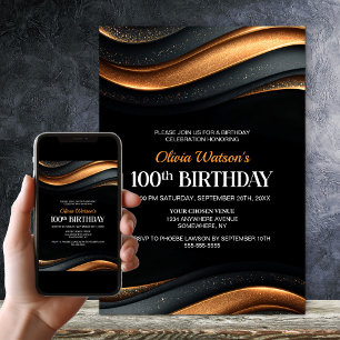 Moderne schwarze und orange 100. Geburtstagsfeier Einladung