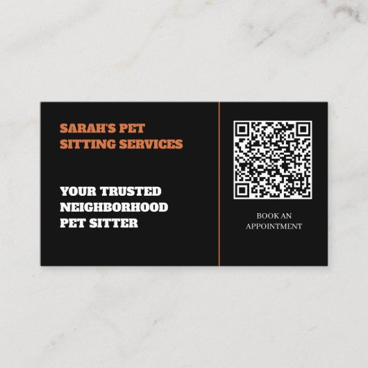 Moderne schwarze und orange anpassbare QR-Code Vis Visitenkarte (Vorderseite)