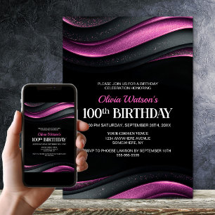 Moderne schwarze und rosa 100. Geburtstagsfeier Einladung