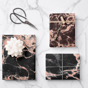 Moderne schwarze und roségoldene Marmormuster Geschenkpapier Set