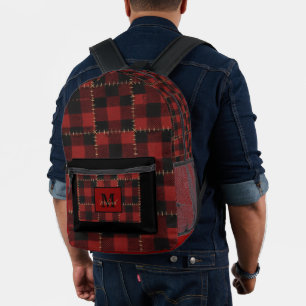 Moderne schwarze und rote Buffalo-Karo-Plaid Monog Bedruckter Rucksack