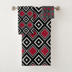 Moderne schwarze und rote geometrische Diamantmust Badhandtuch Set