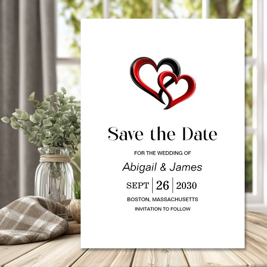 Moderne schwarze und rote Herzen Hochzeit - Termin Save The Date