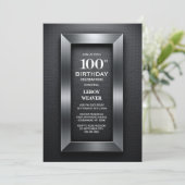 Moderne schwarze und silberne 100. Geburtstagsfeie Einladung (Stehend Vorderseite)