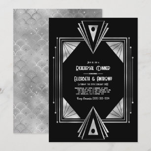 Moderne schwarze und silberne Art Deco Probe-Dinne Einladung