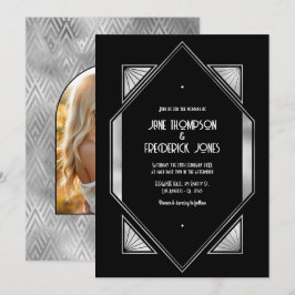 Moderne schwarze und silberne Gatsby Art Deco Hoch Einladung