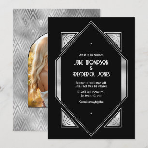 Moderne schwarze und silberne Gatsby Art Deco Hoch Einladung